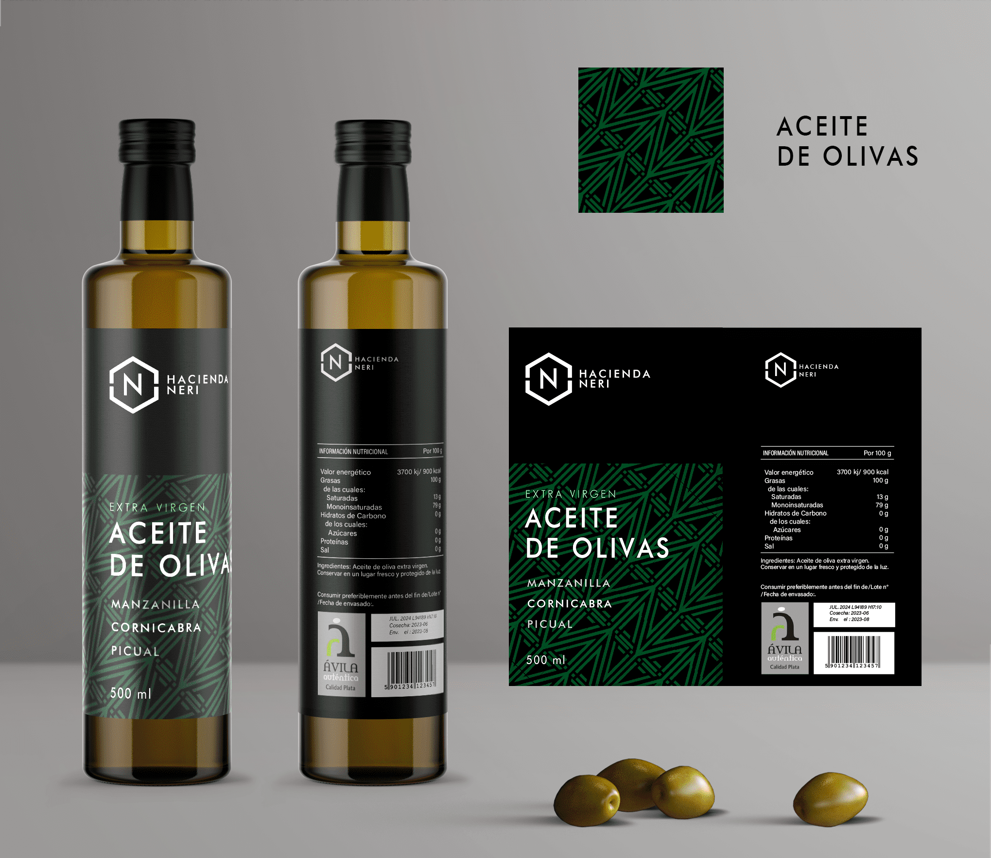 Botellas de aceite de oliva virgen extra Hacienda Neri Cornicabra Manzanilla Picual